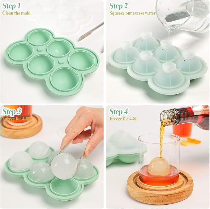 QELEG Large Ice Ball Maker with Lid, 2.2 inches Big Cubes, Easy Release Silicone Ice Cube Trays for Freezer, Perfect Spheres Craft Ice Maker for Whiskey, Cocktails, Gifting, Green, 1pcs/6 Sphere