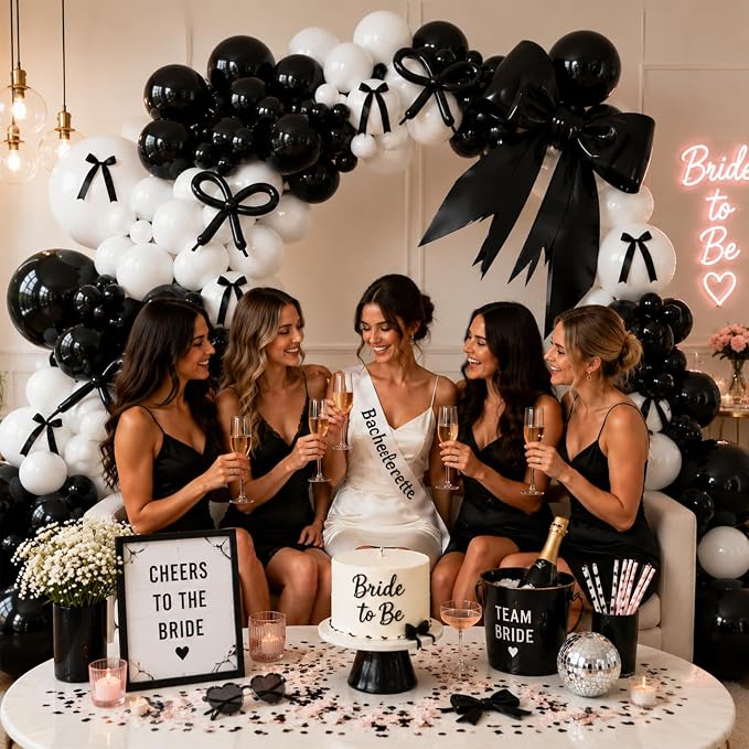 Black White Bow Balloon Garland Arch Kit, 149Pcs Coquette Bow Birthday Decorations for Engagement Wedding Bridal Shower Bachelorette Prom Party Decorations with Pre-Tied Bows and Long Balloons