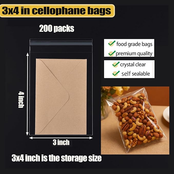 Nobranded 200 pcs Clear 3" x 4" Self Seal Cello Cellophane Bags Resealable Poly Bags 2.8 mils for Cookie, Candy, Gift Bakery, Prints, Photos, Cards & Envelopes, Party Decorative