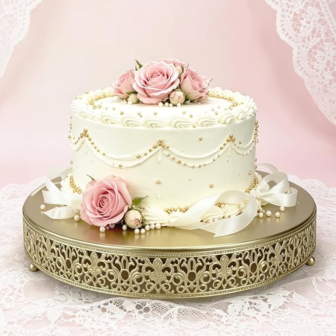 14 Inch Luxury Light Gold Cake Stand, Round Metal Dessert Display with Ornate Filigree Lace, Dual‑Coated Premium Finish for Wedding, Anniversary & Elegant Home Decor