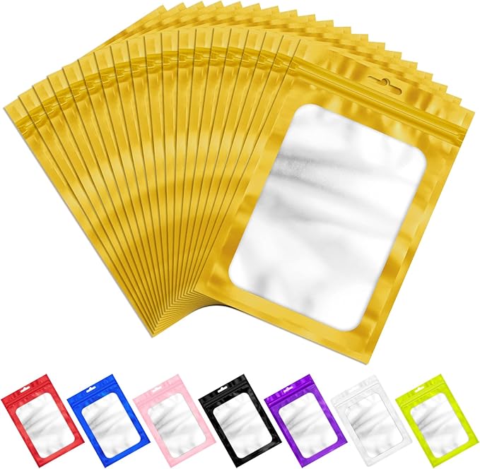 100 PCS Resealable Mylar Bags with Frosted Clear Window Smell Proof Packaging Bags Foil Pouch Zip Treat Bag for Food Self Sealing Storage Supplies (Golden, 2.75×3.93)