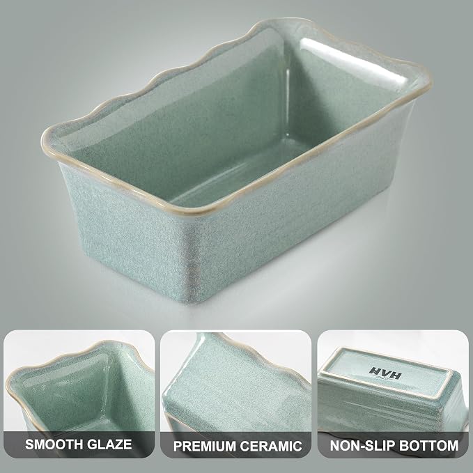HVH Ceramic Loaf Pan for Baking Bread, Rectangular Baking Bread Loaf Pan, 9 x 5 inch Bread Pan, Bread Baking Pan for Cooking, Wave Series, Farmhouse Style (Turquoise)