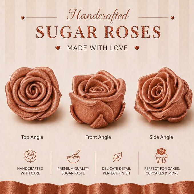 Confect Metallic Edible Copper Roses | Edible Cupcake Toppers | Edible Flower For Cake Decorating | Pack Of 12 Edible Metallic Sugar Flowers for Cake Decorating- Vegan, Soy-Free, Dairy-Free