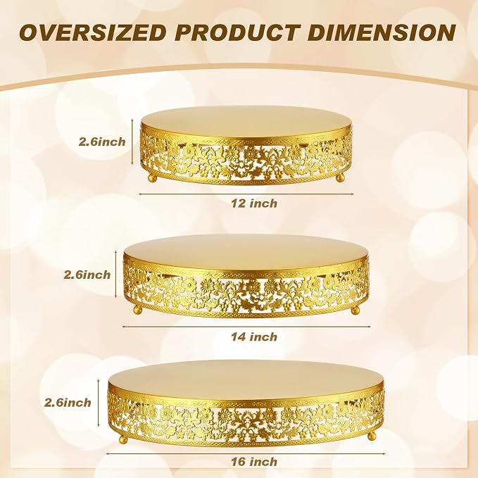 Wenqik 3 Pcs 12/14/16 Inch Gold Cake Stand Set, Metal Round Cake Dessert Display Holder Stand Plates for Wedding Birthday Baby Shower Housewarming Party Celebration