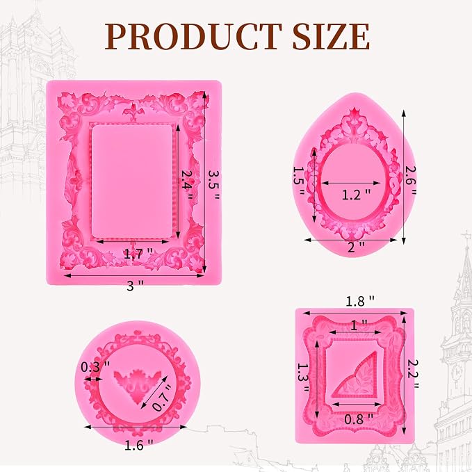 Puyeipt 4 Pcs Photo Frame Silicone Molds, Vintage Picture Photo Frames Fondant Molds for Cupcake Topper, Chocolate, Candy, Donut Cake Puck Decoration and Clay Craft Making
