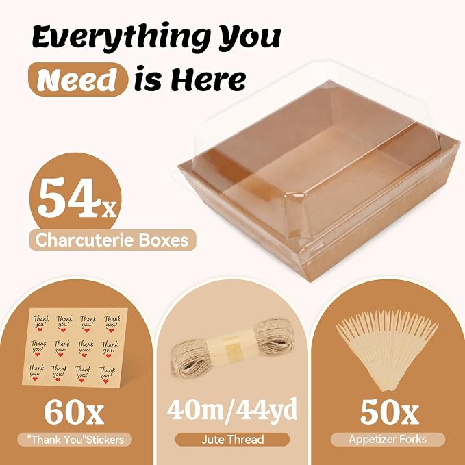 54 Pack Small Charcuterie Boxes with Clear Lids, Paper Mini Charcuterie Box To Go, Disposable Food Container with Lid, Dessert Boxes for Sandwich, Cookie, Sushi, Cake Slice, and Strawberries