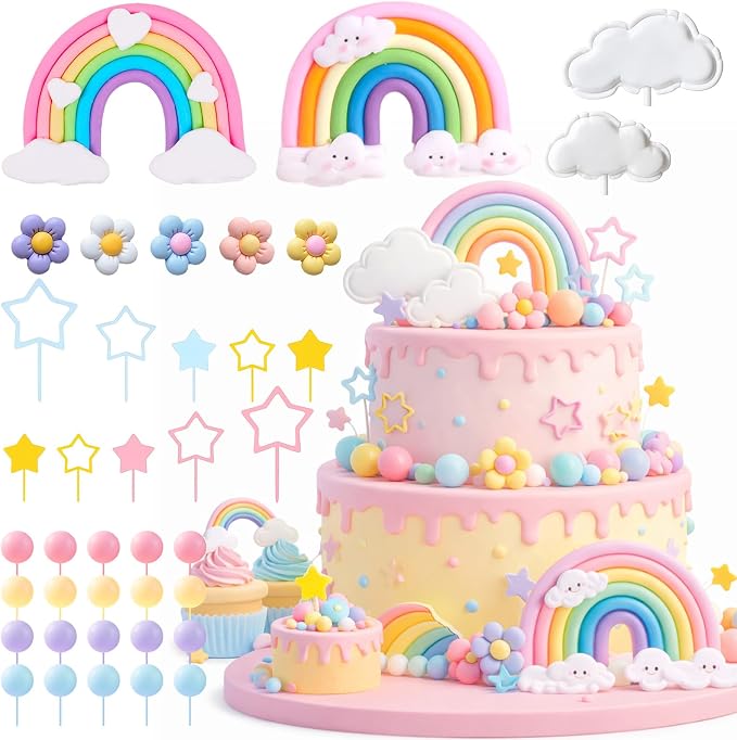 39 Pcs Rainbow Cake Topper, Rainbow Party Decorations with Pastel Ball Toppers and Daisy Flowers for Boho Birthday, Baby Shower Cake Decorations