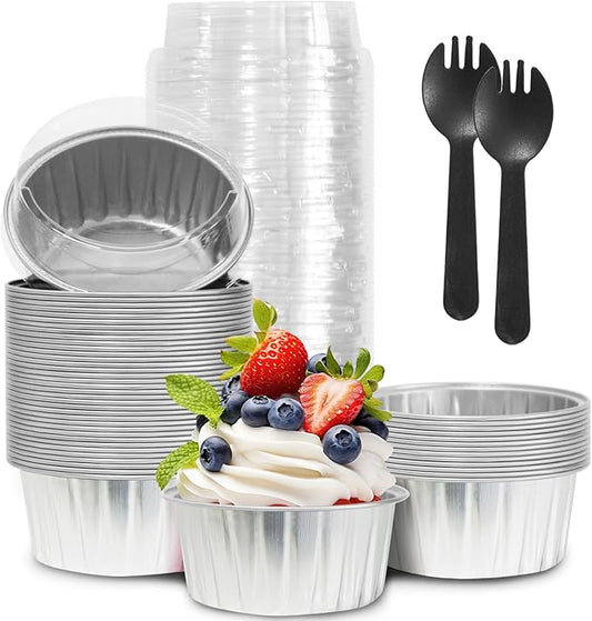 50Pcs Mini Aluminum Foil Cupcake,5oz Baking Cups with Lids,Mini Cake Pans Disposable,Loaf Pans with Lids,Disposable Ramekins,Tin Cups Containers for Cupcake,Pudding,Muffin,Cheesecake (Silvery)