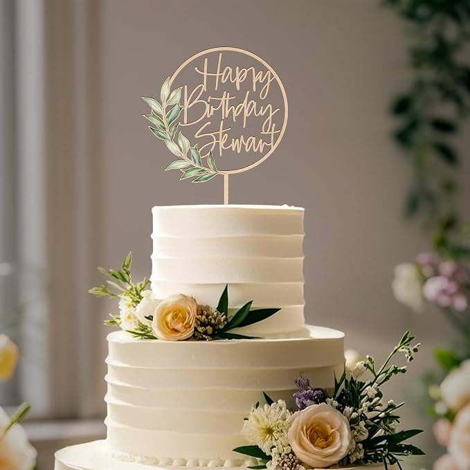 Birthday Cake Topper Custom Name with Green Leaves Wooden Personalized Happy Birthday Cake Decoration Party Topper Design 03