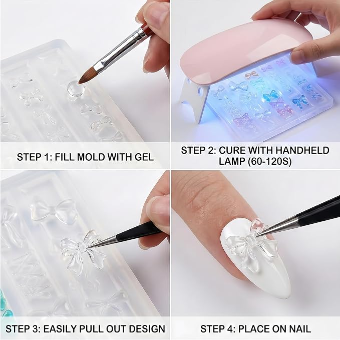 Bow Nail Art Silicone Mold for Acrylic Nails, 3D Ribbon & Lace Nail Charms Mold, Flexible Reusable Silicone Mold for Nail Art Decoration, DIY Nail Accessories for Gel Acrylic Resin