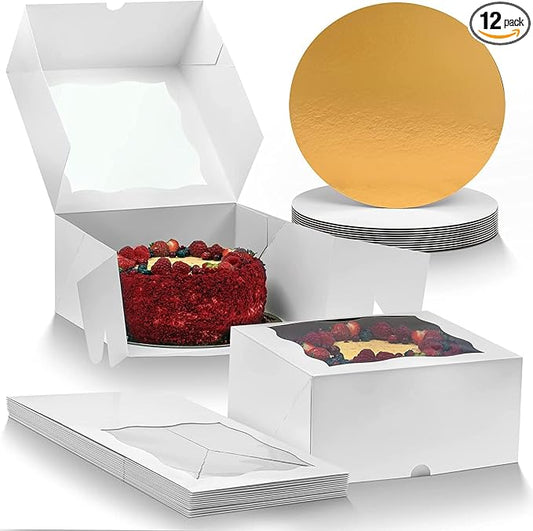 12 Cake Boxes With Cake Boards Set 10", Sturdy, Greaseproof, Front-Loading | Cheesecake Boxes 10 Inch with Thick Cake Boards, Disposable Cake Board & Box Set, Cardboard Pastry & Bakery Boxes With Window