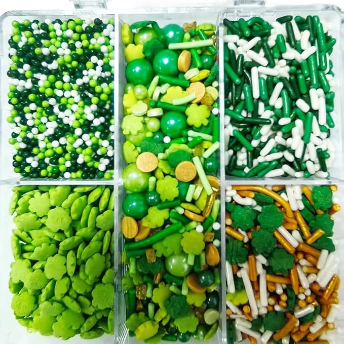 Edible Green St Patrick's Day Sprinkles for Cake Decorating, Mixing Size Green Shamrock Confetti Nonpareiles Pearls Jimmies for Decorating Cookie Decorations Cupcake Toppers Ice Cream Donut Decoration 80g/2.82oz