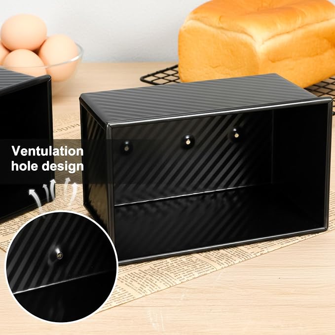 2 Pack Black Pullman Loaf Pan with Lid, Non-Stick Bread Pan for Sourdough, 2.2lb & 1lb Carbon Steel Corrugated Square Toast Tin, Carbon Steel Toast Box with Cover for Homemade Bread Sandwich