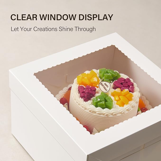 Kootek 4pcs Cake Boxes, 12x12x8 Inches Tall Cake Box with Window, White Bakery Boxes, Large Baking Boxes, Square Cardboard Cake Box for Multi-Layer Cakes, Cake Decorating Supplies for Gift Giving
