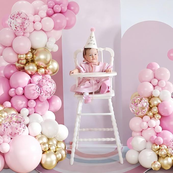 Pink and Gold Balloon Arch Kit, 143Pcs Light Macaron Pink White Gold Balloons Garland Arch Kit Coffetti Balloons for Birthday Wedding Girl Baby Shower Gender Reveal Decorations