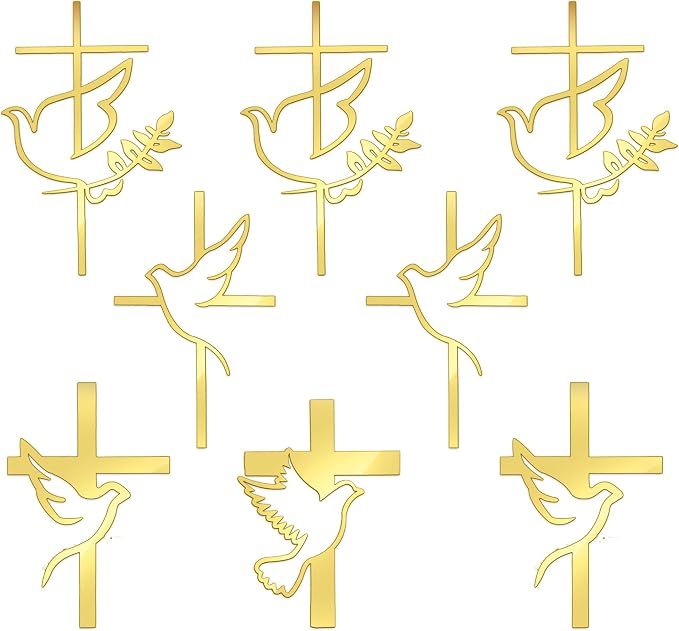 4 Pack Acrylic Baptism Cake Topper Mirror Acrylic Gold Dove Cross Cupcake Toppers First Communion Cake Decorations for Baby Shower Birthday Christian Party Decorations