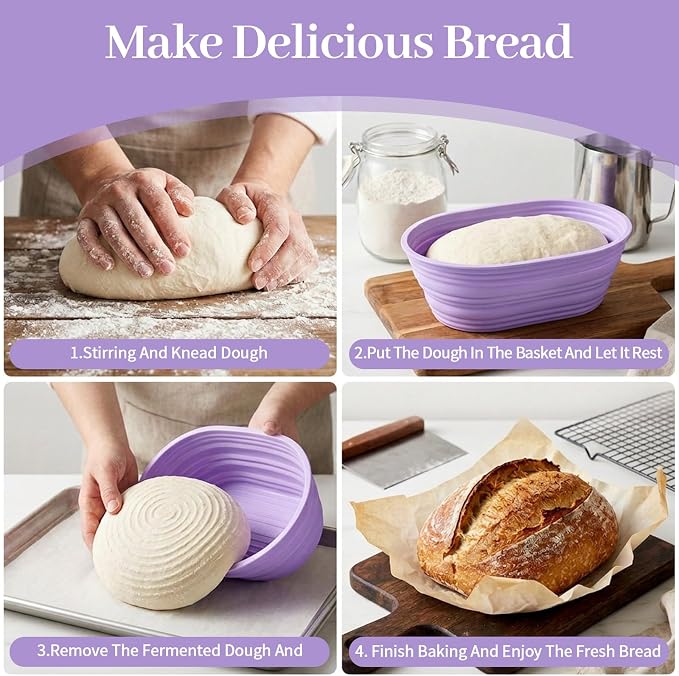 MAQUITA 4-Pack Oval Silicone Bread Proofing Basket, 10-Inch Sourdough Proofing Basket Set (Purple)