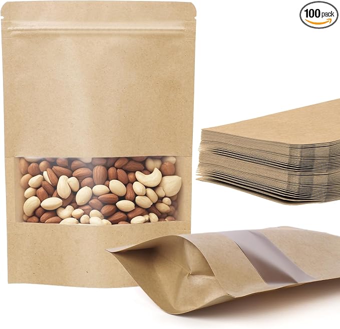 100 Pcs Kraft Paper Bags with Window, 4.7" x 7.9" Stand Up Pouches Bags, Food Storage Bags for Packaging Products, Reusable, Sealable