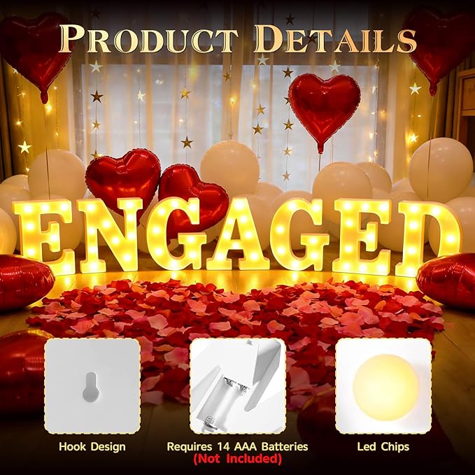 Engagement Party Decorations, Engaged LED Light Up Letters, With Rose Petals, Aluminum Balloons, Round Pearlescent Balloon, Double Sided Tape, for Wedding Engagement Bridal Shower Engaged Party Decor