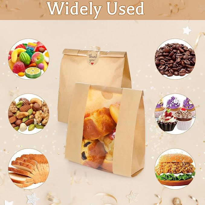 130 Pack Homemade Bread Sourdough Bags, 14" x 8.3" x 3.5" Large Bakery Bread Bag with Tin Tie Tab Lock Clear Window Stickers for Storage of Bread Cookies Snacks