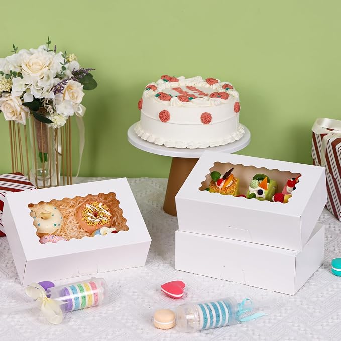 Moretoes 45pcs Cookie Boxes with Window, 9x6x3 Inch White Auto-Popup Bakery Boxes, Pastry Containers for Chocolate Covered Strawberries, Candy, Muffins, Donuts