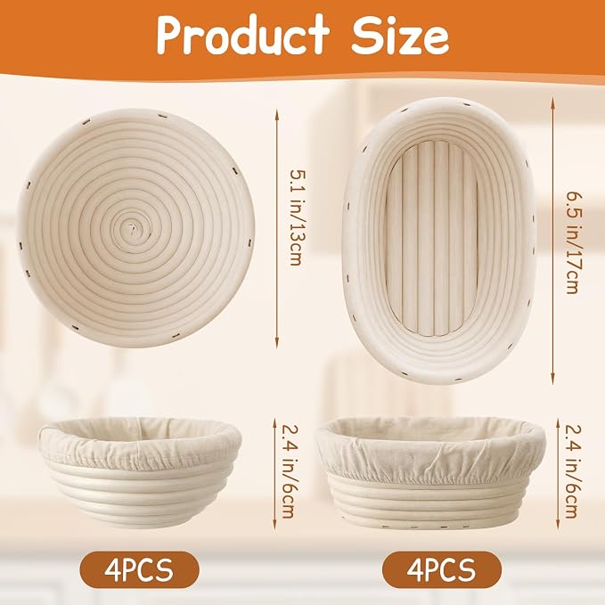 Set of 8 Mini Banneton Bread Proofing Basket with Liner, 5-inch Round and 6.5-inch Oval Small Bread Proofing Sourdough Bowl, for Sourdough Making, Baking Supplies for Home and Bakery