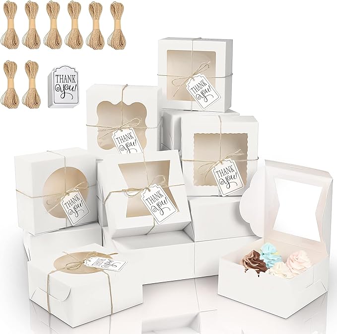 KPOSIYA 65PCS Bakery Boxes with Window 6x6x3 Inches 5 Style Cookie Boxes Small Pastry Boxes for Candy, Dessert, Pastry, Donuts, Birthday Party, Wedding(White)