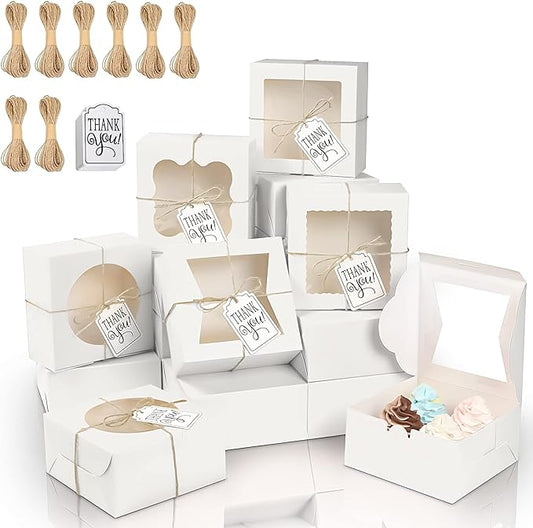 KPOSIYA 65PCS Bakery Boxes with Window 6x6x3 Inches 5 Style Cookie Boxes Small Pastry Boxes for Candy, Dessert, Pastry, Donuts, Birthday Party, Wedding(White)