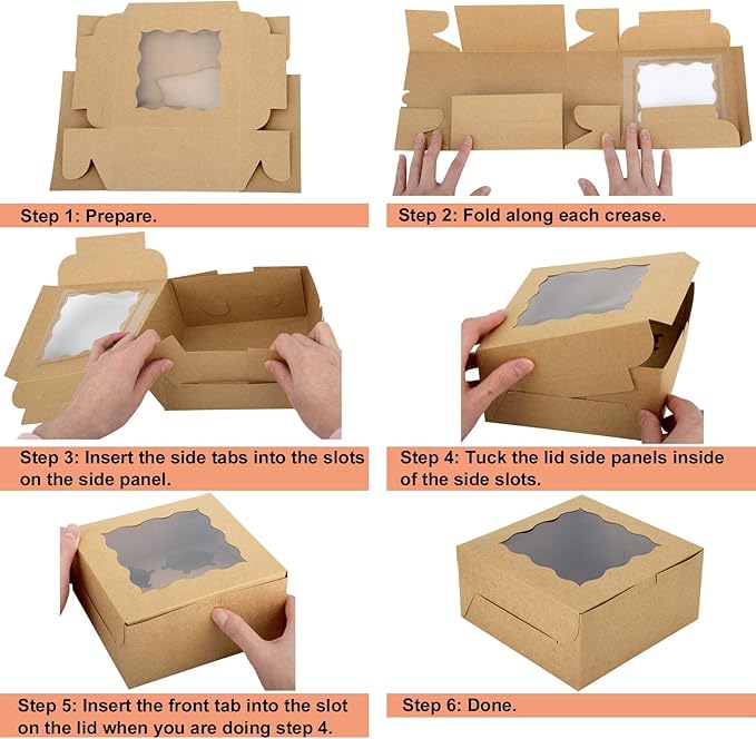 60 pcs Bakery Boxes with Window, 6 x 6 x 3 inches, Kraft Cookie Boxes Pastry Boxes for Baked Goods (Brown)