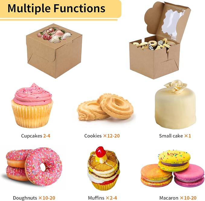 WINKIO 12 Pieces Cookie Boxes with Window, Treat Boxes for Bakery Dessert Pastry Mini Cake Favor Donut Baked Goods (with Stickers) (brown, 6×6×5 inches)