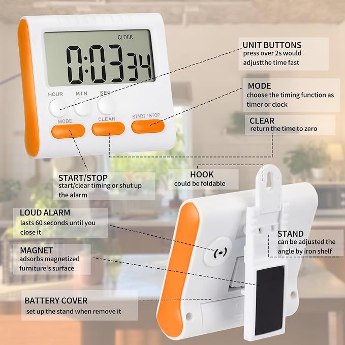 Mudder 12 Pack Digital Kitchen Timer for Cooking, Large Digits, 24 Hour Magnetic Backing Stand Kitchen Timers Clock for Classroom Kids Teachers, Loud Alarm and Large Screen (Mix Color)