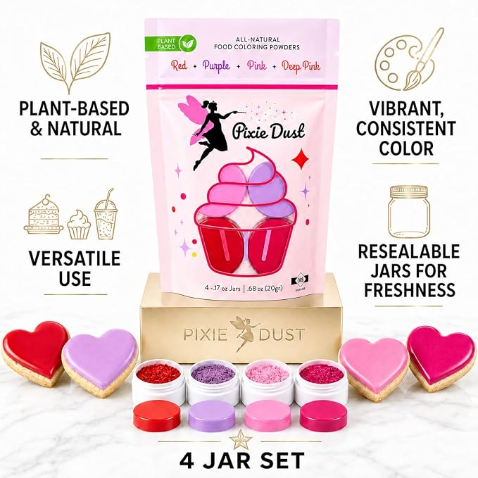 All-Natural Food Coloring Powder Set - Red, Pink, Deep Pink, & Purple. | Perfect for spring cake decorating, cookie Frosting, Icing & Drinks | Dye-Free, Plant-Based, Kosher, Flavorless | No Carmine, No Annatto, No Propylene Glycol | By Pixie Dust | Med...