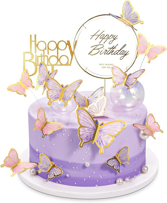 22-Pieces Butterfly Cake Decorations With Happy Birthday Acrylic Cake Toppers for Baby Shower Wedding Birthday Party Decor (Purple & Pink)