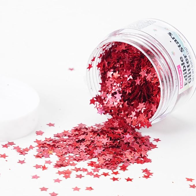 Red Edible Star Shaped Glitter Sparkles for Cakes - Edible Stars Cake Decorations in Metallic Red for Cake Decorating, Toppings, Baking - Vegan Shimmer Stars Dessert Glitters for Cupcakes Topper