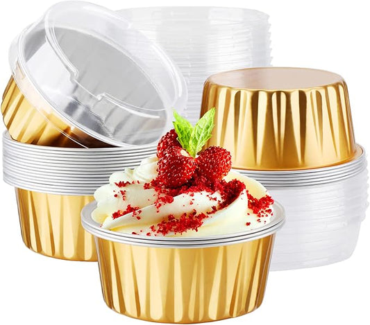EUSOAR Disposable Ramekins Aluminum Foil, Gold 25Packs 5oz Baking Cups with Lids Mini Muffin Liners, Dessert Cheesecake Pan Oven Safe Creme Brulee Cupcake Containers for Catering Club Wedding Party