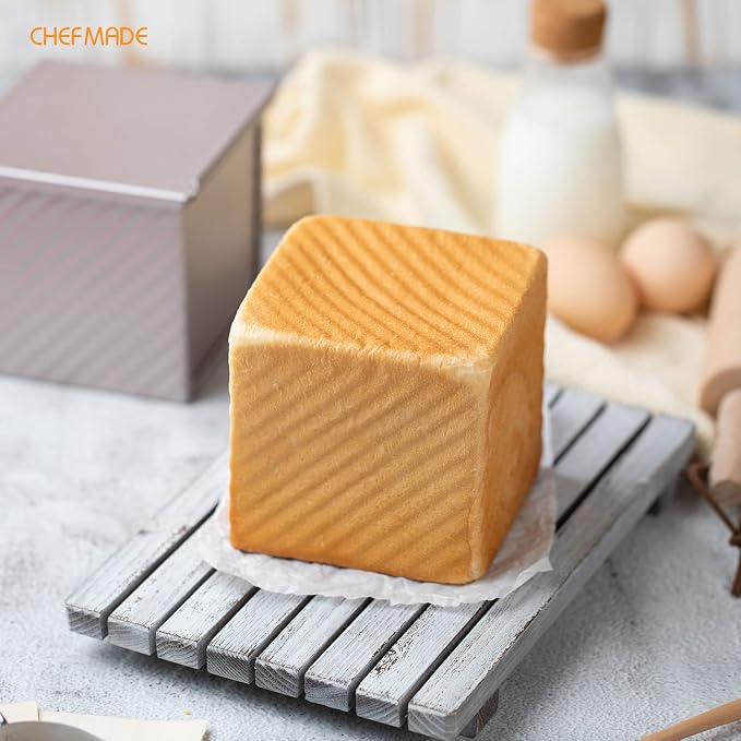 CHEFMADE Mini Pullman Loaf Pan with Lid, 0.55Lb Dough Capacity Non-Stick Rectangle Corrugated Toast Box for Oven Baking 4" x 4" x 3.9"(Champagne Gold)