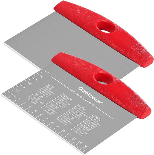 Ourokhome 2 Pack Bench Scraper Dough Cutter, Stainless Steel Dough Scraper with Laser-Etched Scale, Conversion Chart, Non-Slip Handle, Dishwasher Safe for Bread & Pastry, Red