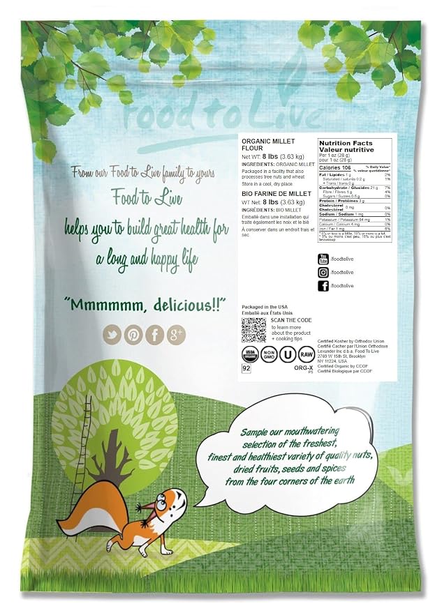 Food to Live Organic Millet Flour, 8 Pounds Non-GMO, Kosher, Vegan, Stone Ground, Unbleached, Unbromated, Bulk, Product of the USA