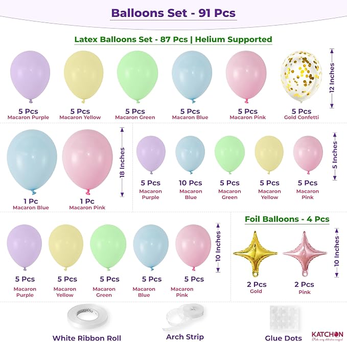KatchOn, Pastel Balloon Arch Kit - Pack of 91 | Macaron Balloon Garland Kit with Confetti, Star, Latex & Foil Balloons | DIY Balloon Arch for Birthday, Baby Shower, Wedding Party Decorations