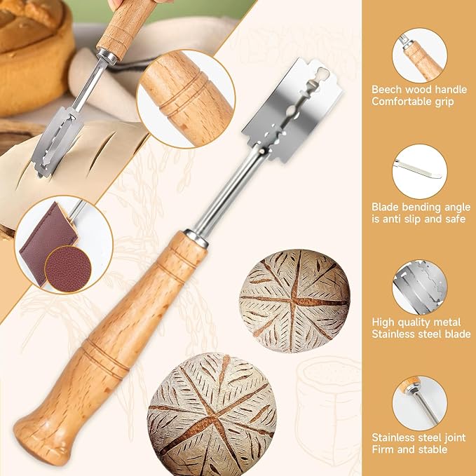 Hand Crafted Bread Lame Premium Sourdough Scoring Tool Bread Making Tools Set of 2 pieces Bread Knife(5 Blades) with Dough Scraper Bread Cutter