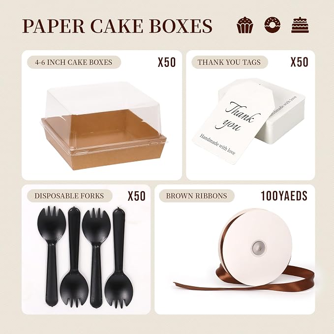 7 x 7 x 4 Inches Paper Cake Boxes with Clear Lids, 50 Pack Brown Charcuterie Boxes Large Square Food Containers, Disposable Bakery Boxes for Valentine's Day 4-6 Inch Bundt Cake, Pie, Dessert