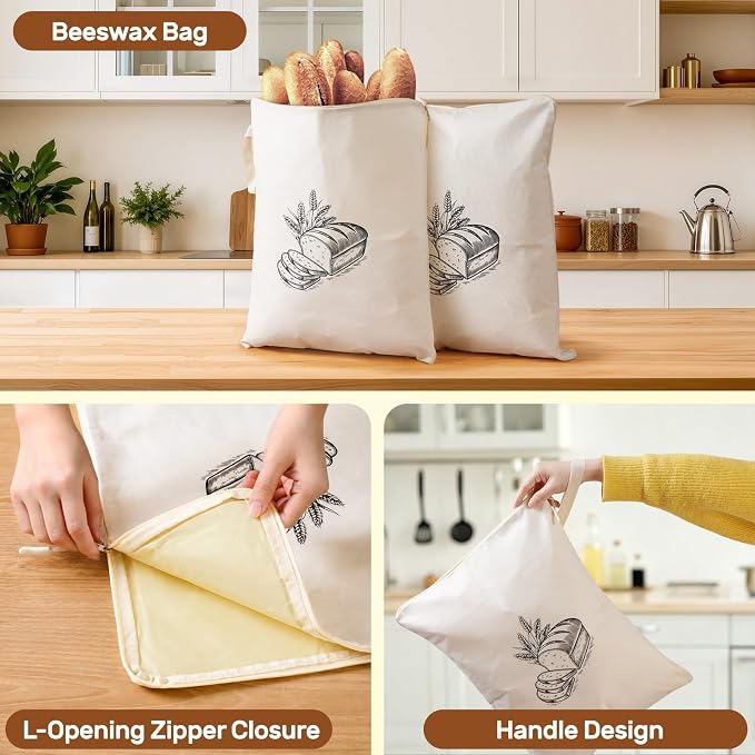 2 Pack Beeswax Bread Bags for Homemade Sourdough Reusable Natural Organic Bees Wax Bread Bag 13 × 17in Freezer Storage Friendly with Zipper Seal Design to Keep Fresh