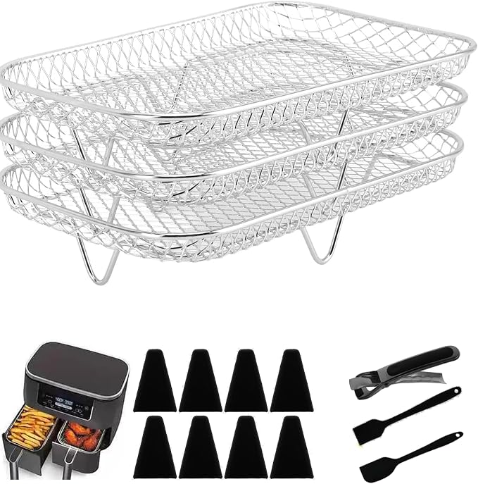 3 layer Square Air Fryer Rack, Stainless Steel Dehydrator, Air Stainless Steel Dehydrator Grill Enhanced Airflow Design Air Fryer Rack for Chicken Wings Vegetables Dual Cakes (Rectangle Set)