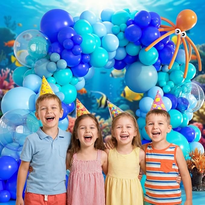 Under The Sea Balloon Arch Kit -156Pcs Blue Teal Dusty Blue Orange Long Balloon Garland Kit for Ocean Themed Under The Sea Baby Shower Ocean Animals Theme Birthday Party Decorations