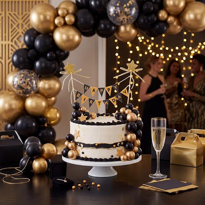 21 Pcs Happy Birthday Cake Topper Cake Bunting Topper Banner with Wood Pole Rainbow Garland with Bow Ribbon Balloon, Mini Cupcake Decor for Birthday Baby Shower (Black,Gold)