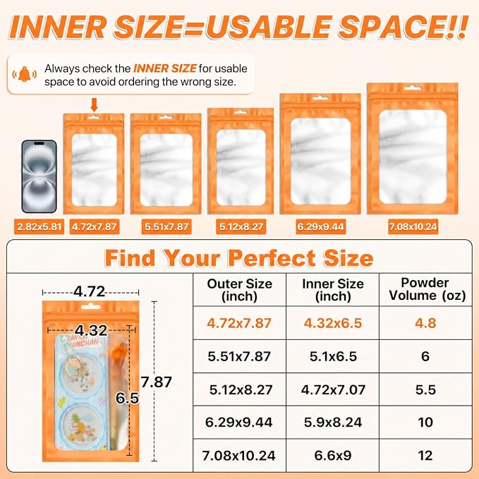 ANZNKU 100 Pack Orange Resealable Mylar Bags with Frosted Clear Window 4.72x7.87", Smell Proof Sealable Packaging Bags for Small Business, Foil Pouch Zip Goodie Bag for Candy Treat Jewelry
