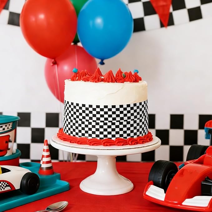 6pcs Edible Cake Borders, 28x6.2cm/11x2.44in Black White Checkered Race Car Theme Birthday Cake Decorations Pre-Cut Rice Wrap Paper Strips Decor for Racing Theme Image Party Kids Birthday