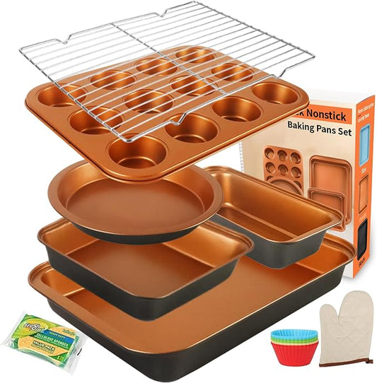 Baking Pans Set 6-Pieces, Non Stick Bakeware Sets Stackable, with Rectangular Baking Pan, Muffin Pan, Round/Square Cake Pan, Loaf Pan, Cooling Rack, Oven Mitt for Home Baker, Gold