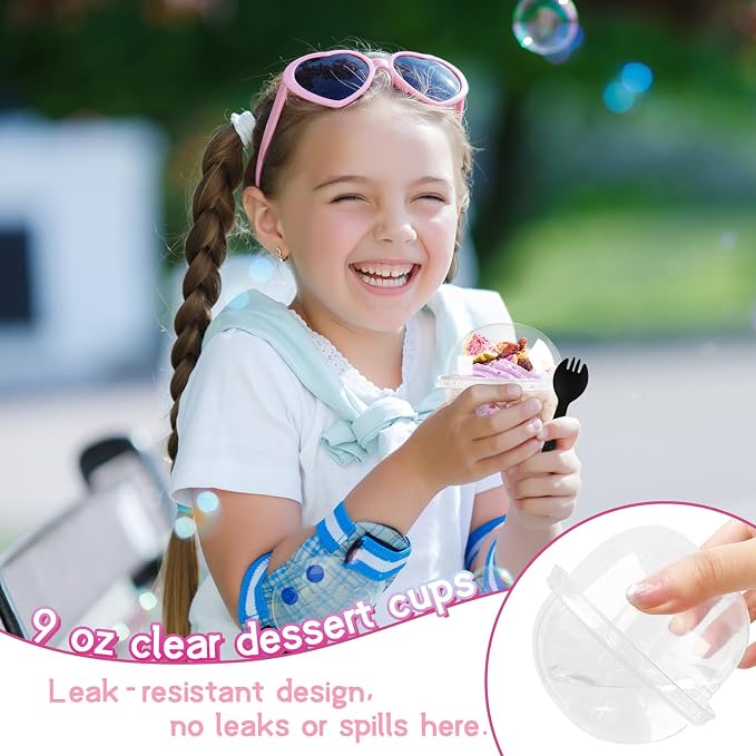 100 PCS 9 OZ Clear Dessert Cups with Dome Lids,Disposable Parfait Cups,No Hole Ice Cream Cups with Sporks for Dips and Veggies,Cupcake,Parfait,Pudding,Iced Cold Drinks,Snacks,Fruits,Bakeries,Ice Cream