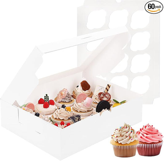 Moretoes 60PCS Cupcake Boxes with Window,Hold 12 Count Graduation Cupcake Containers for Grad Party Dessert Packaging (White)